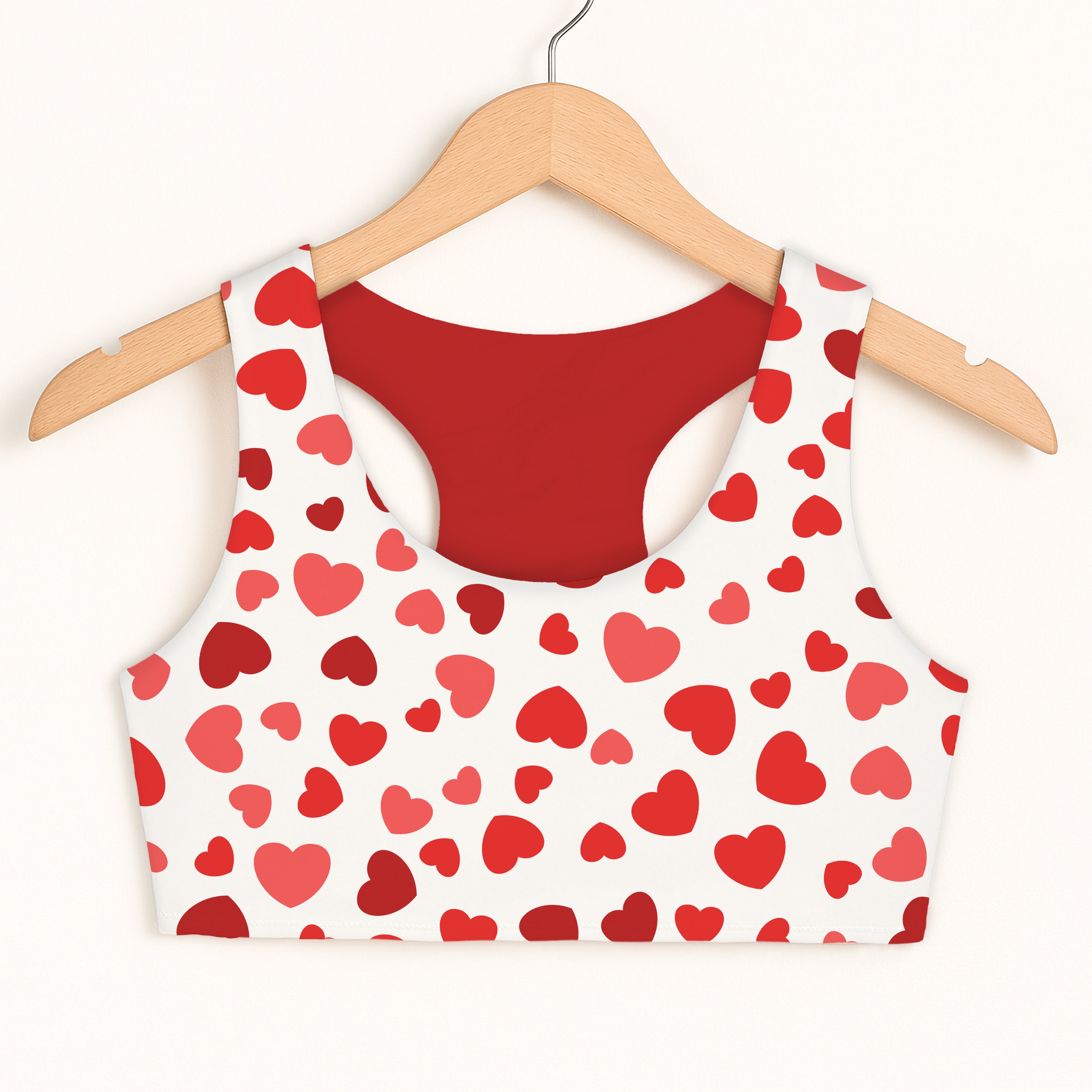 Girls red and pink hearts white sports bra with red interior double layered comfort quick drying fabric