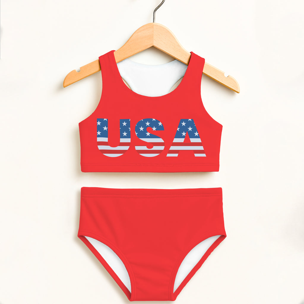 Girls usa two piece swimsuit in red with american flag usa print white side trim and double layered upf 50 plus fabric