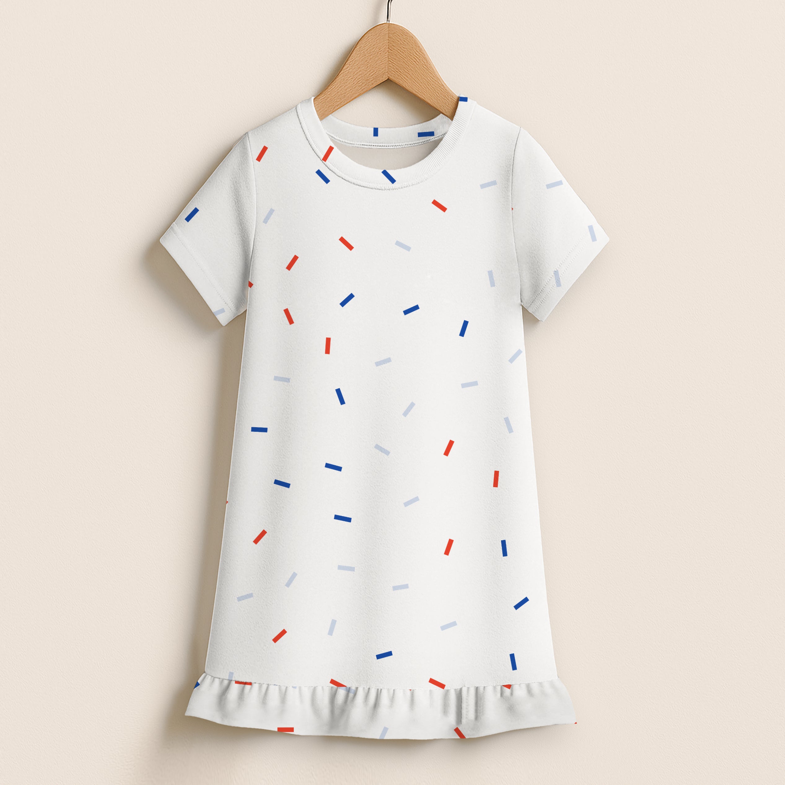 Girls Red, White & Blue USA Themed Confetti Short Sleeve Ruffle Hem Dress