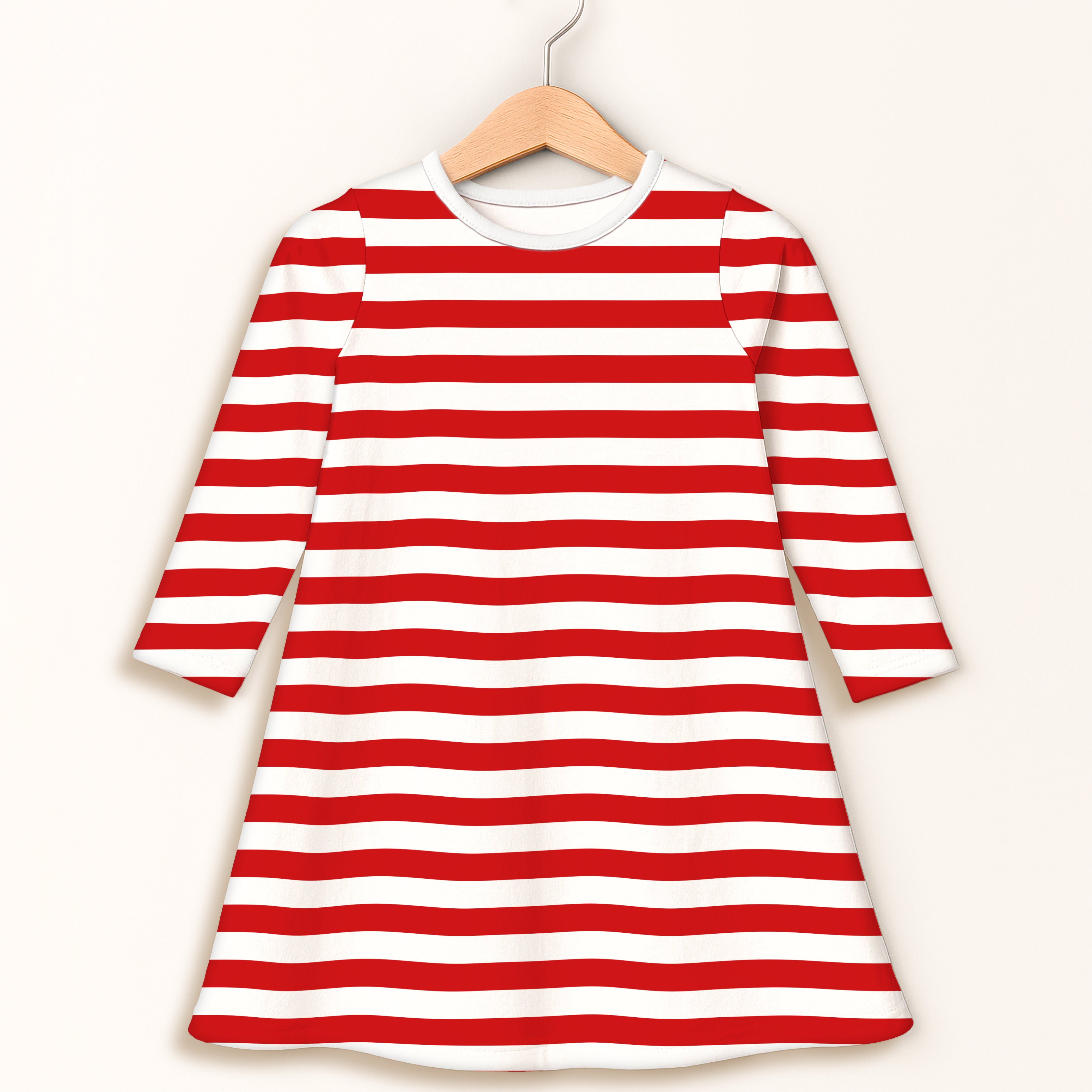 Girls red and white stripes long sleeve cotton dress with round neckline hanging on a wooden hanger