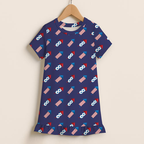 Girls navy blue short sleeve dress with red white and blue fireworks pattern and ruffle hem for 4th of July celebration