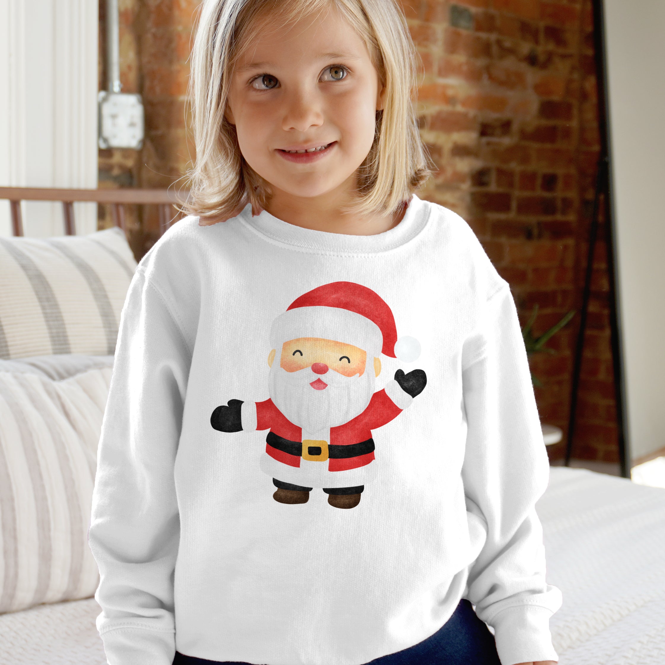 White long-sleeved kids santa sweatshirt with cheerful cartoon santa graphic in red white and black for holiday wear