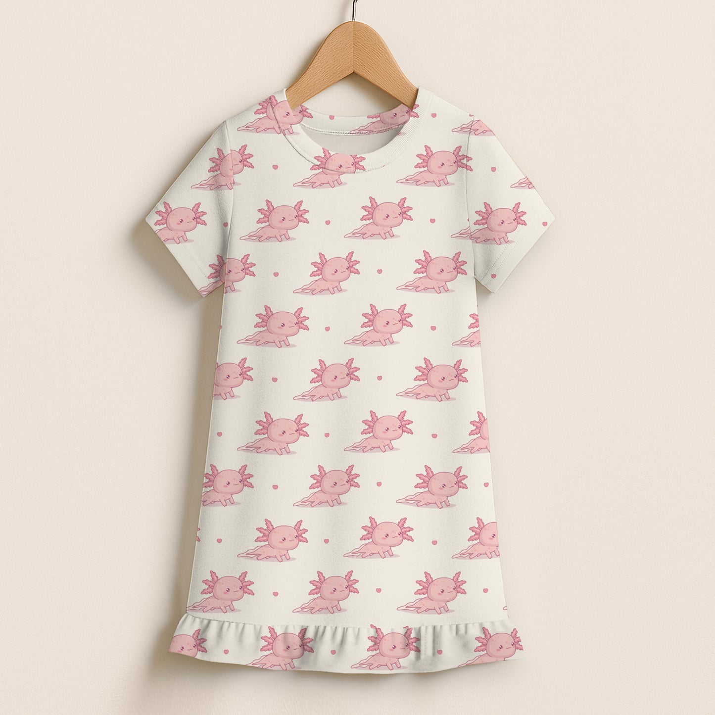 Girls Pink Axolotl Short Sleeve Ruffle Hem Dress
