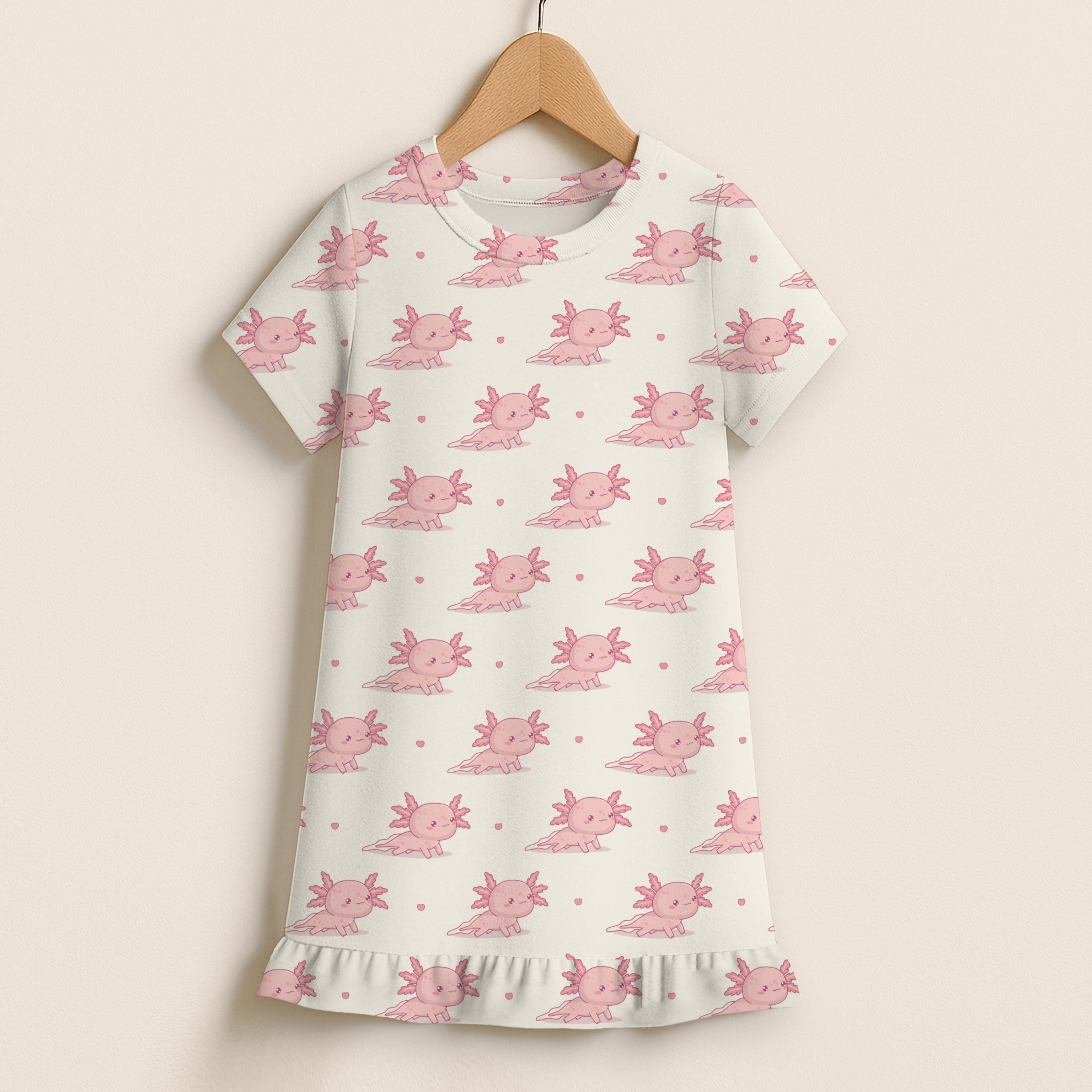 Girls Pink Axolotl Short Sleeve Ruffle Hem Dress