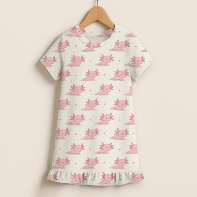 Girls Pink Axolotl Short Sleeve Ruffle Hem Dress