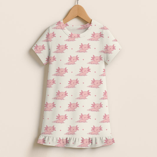 Girls Pink Axolotl Short Sleeve Ruffle Hem Dress