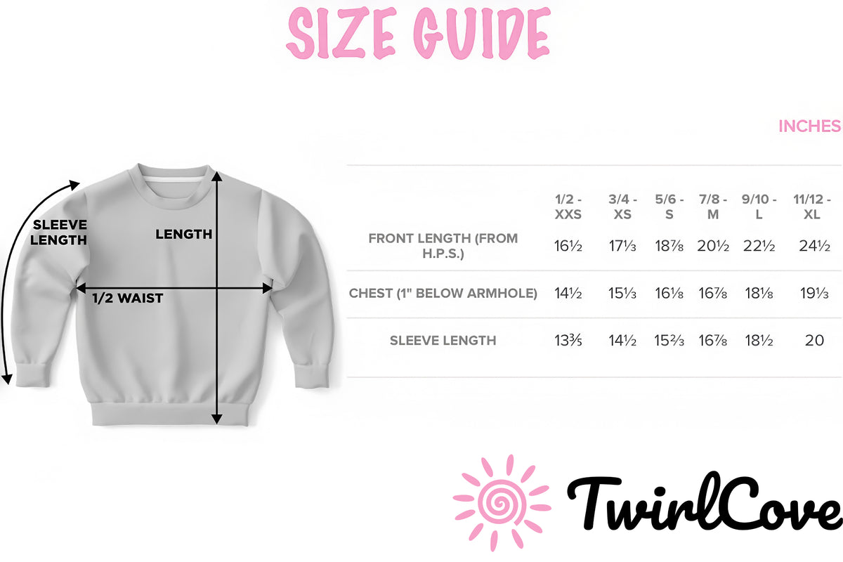 Size guide for Girls Pink Axolotl Sweatshirt – Cozy Cotton Fleece or Lightweight Sports Fabric