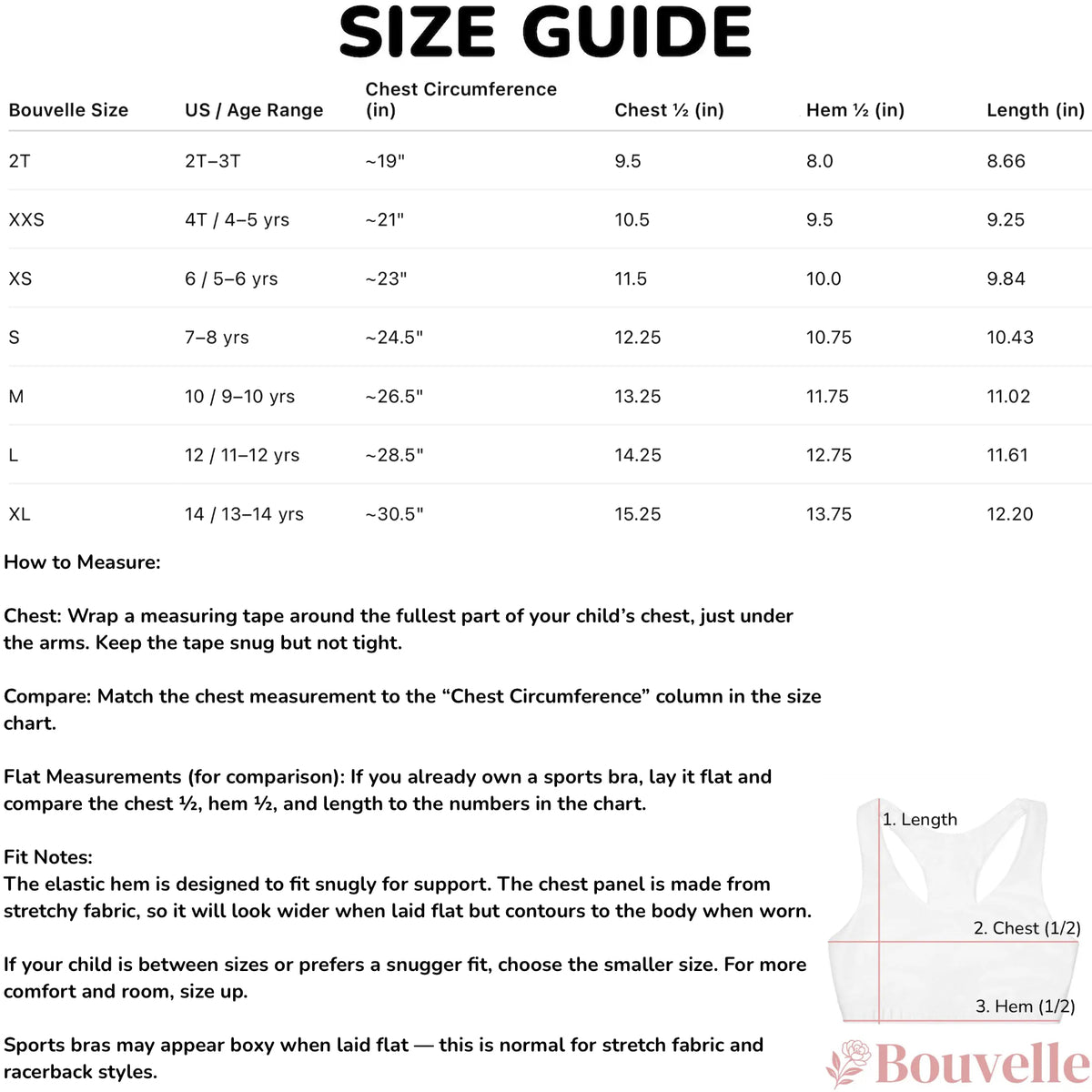 Size guide for Girls Festive Christmas Sports Bra - Quick Drying, Double Layered Comfort