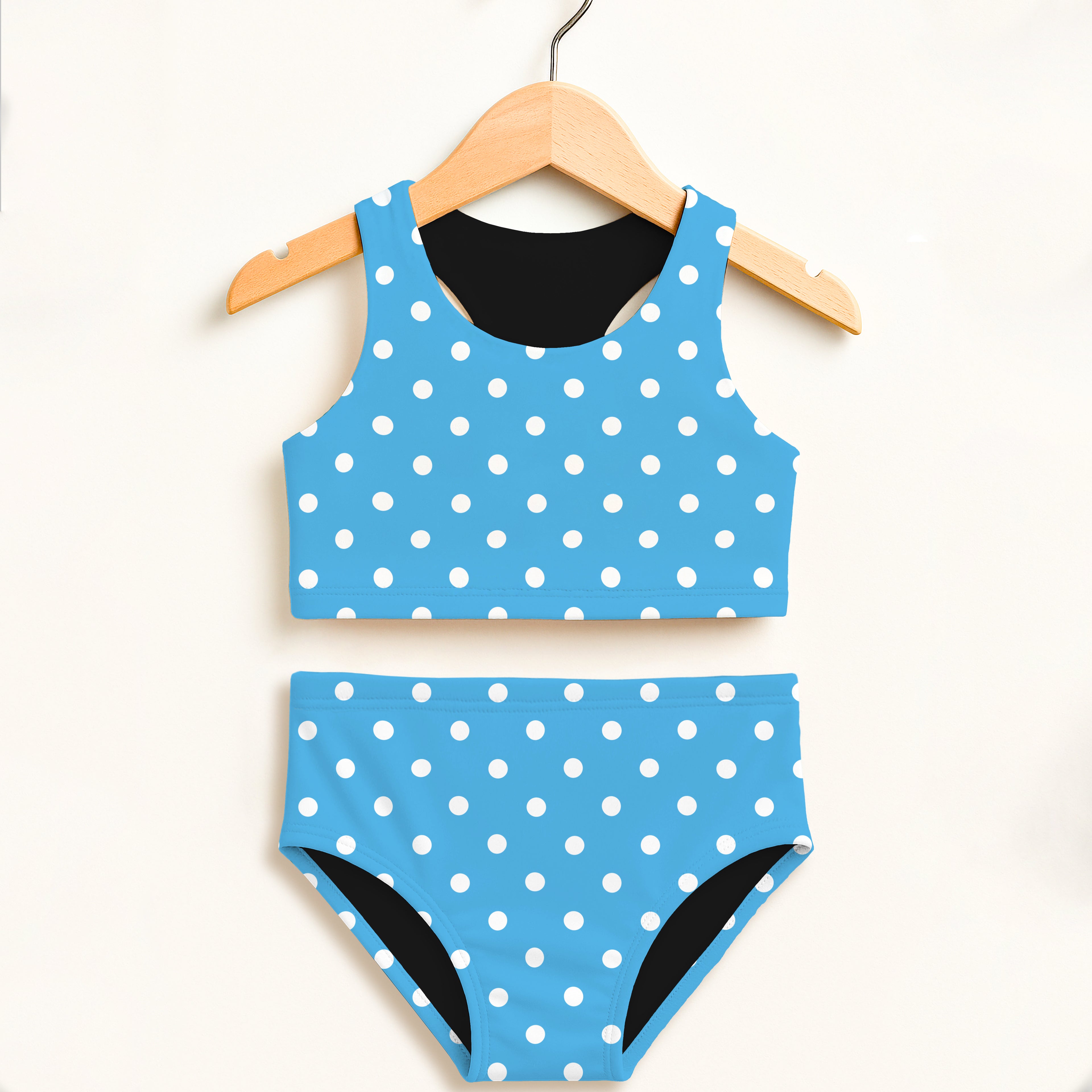 Girls sky blue polka dot two piece swimsuit with white dots black lining double layered upf 50+ high waisted comfort