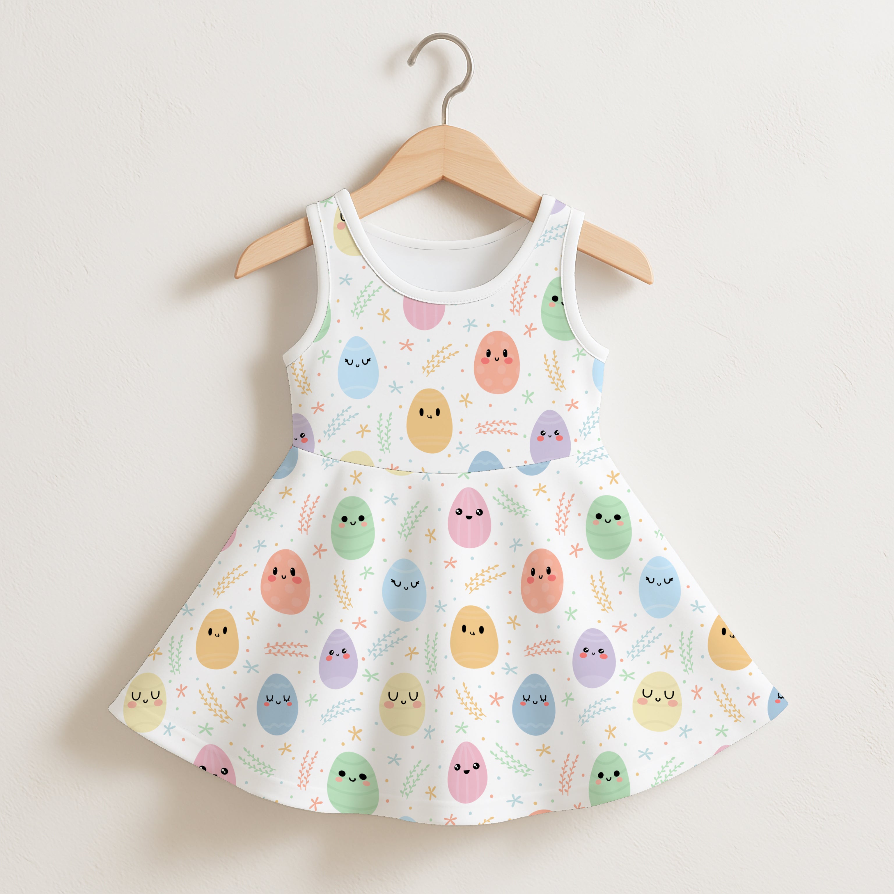 White sleeveless girls smile face Easter egg dress with flared skirt and pastel cartoon eggs and chicks pattern
