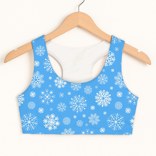 Girls blue snowflakes Christmas sports bra with quick drying fabric and double layered comfort hanging on wooden hanger