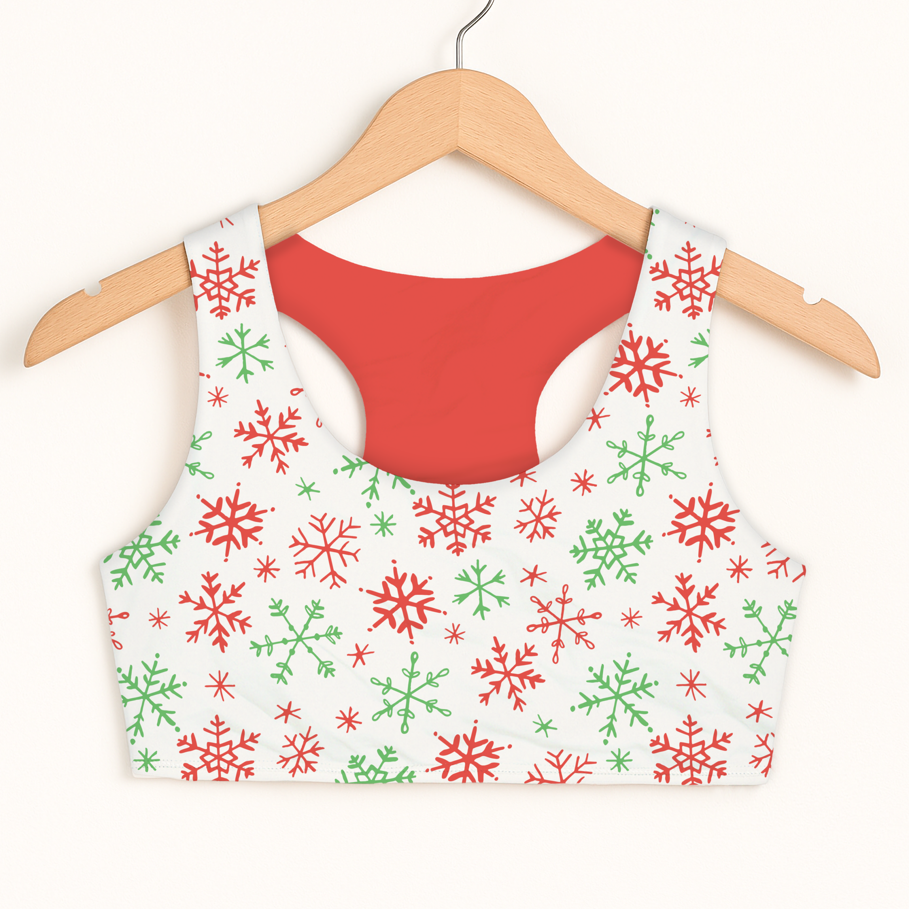 Girls red and green snowflakes christmas sports bra with quick drying fabric and double layered comfort design