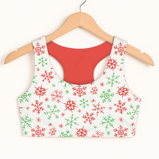 Girls Red and Green Snowflakes Christmas Sports Bra
