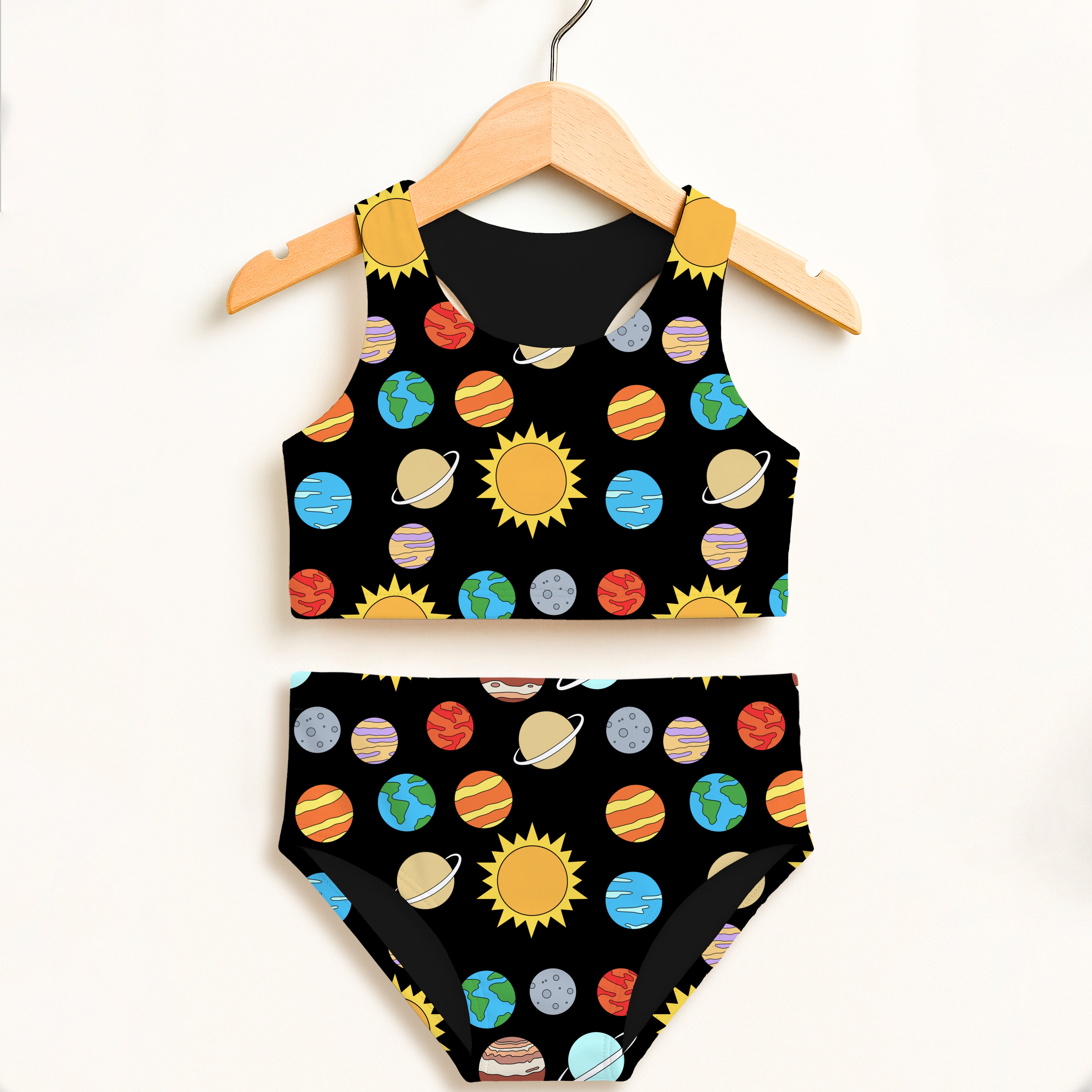 Girls solar system two piece swimsuit in black with colorful planets and suns double layered UPF 50 plus high waisted comfort