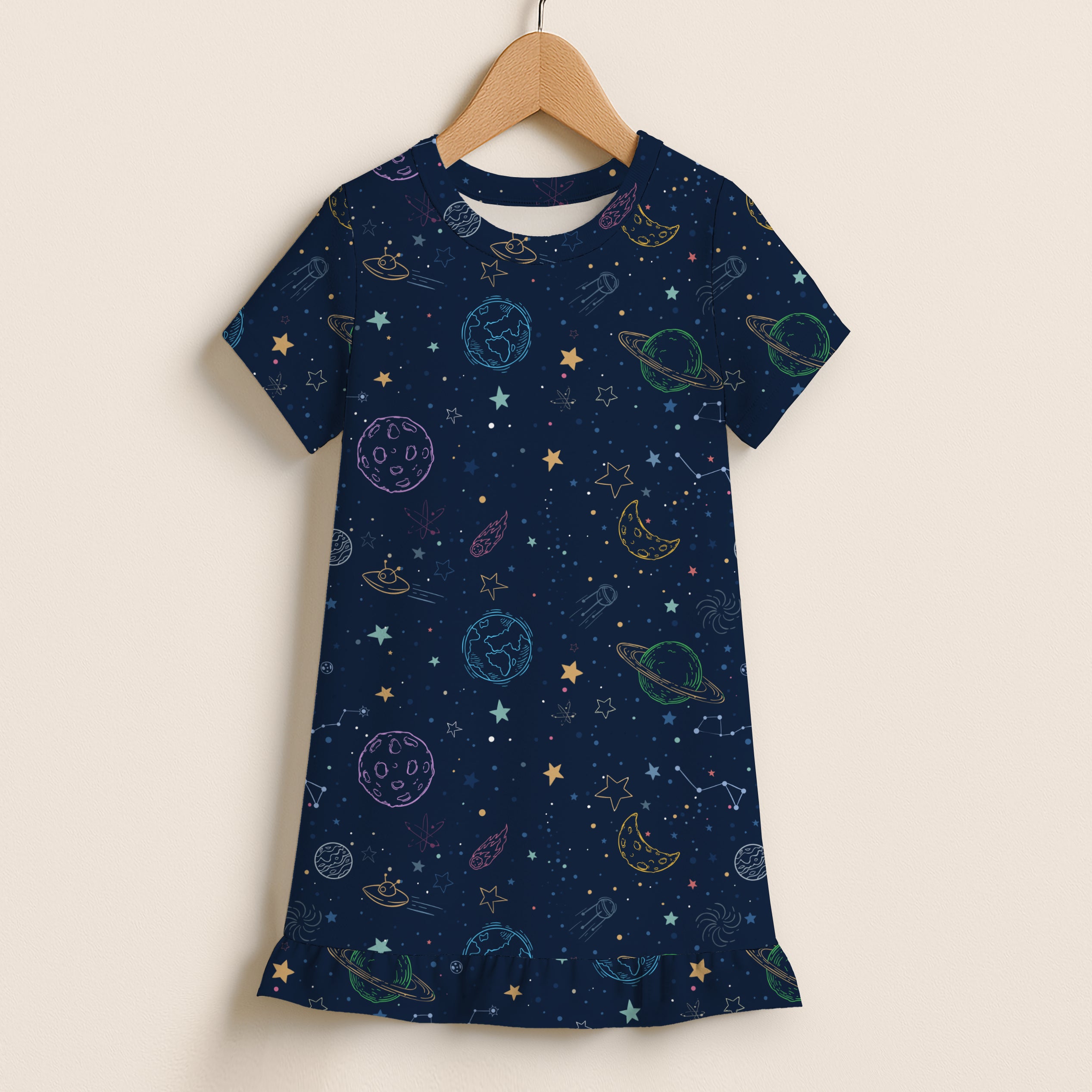 Girls Space Adventure Short Sleeve Ruffle Hem Dress