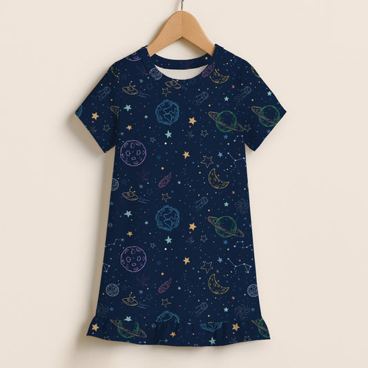Girls Space Adventure Short Sleeve Ruffle Hem Dress