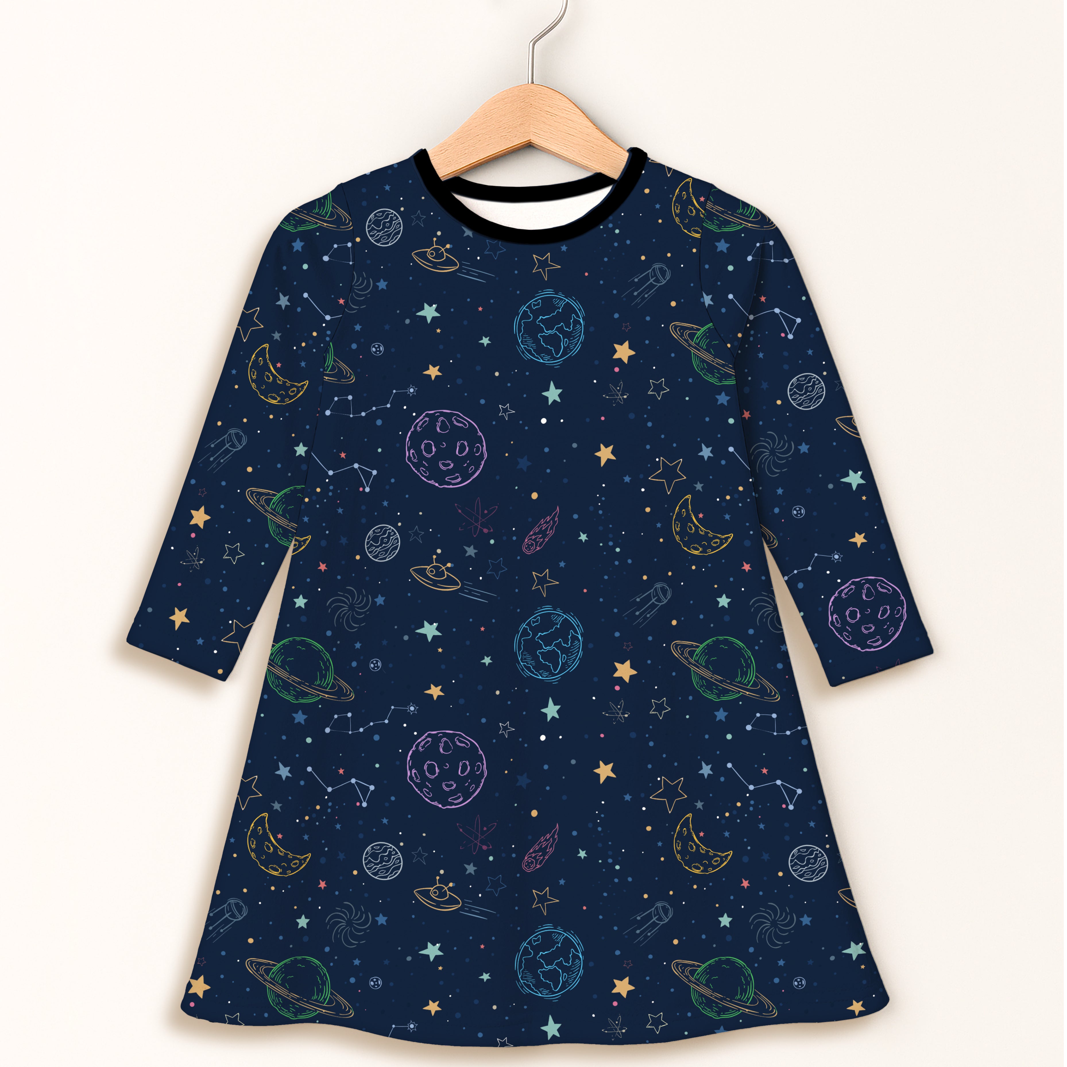 Girls colorful galaxy space long sleeve dress in navy blue with whimsical pastel planets stars moons and constellations print