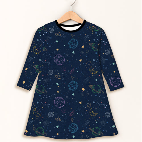 Girls colorful galaxy space long sleeve dress in navy blue with whimsical pastel planets stars moons and constellations print
