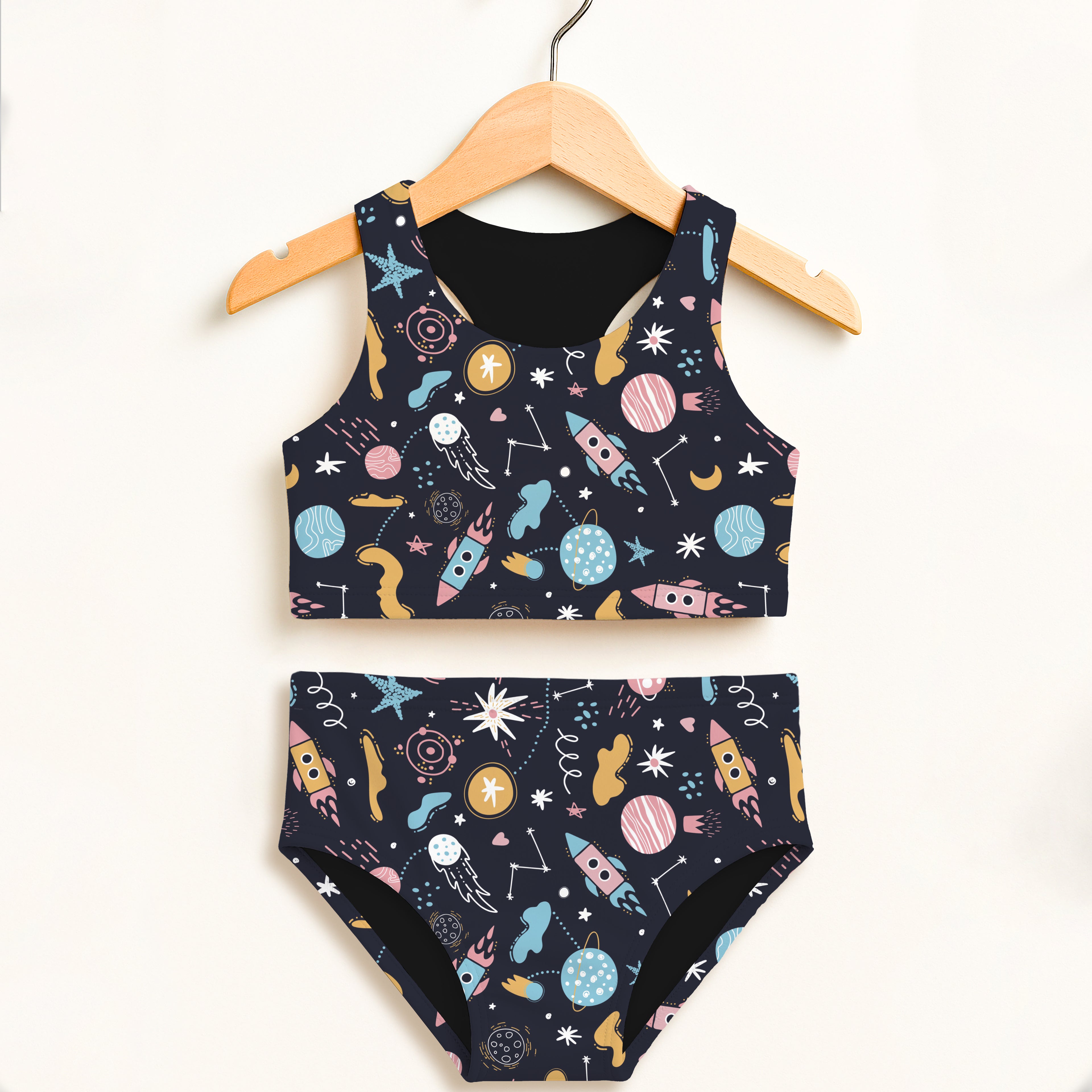 Girls outer space two piece swimsuit in navy blue with cartoon rockets planets stars double layered upf 50 plus high waisted