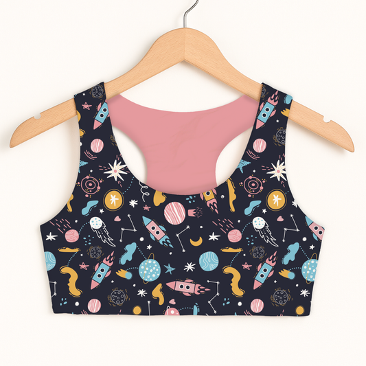 Girls Outer Space Sports Bra — Quick Drying, Double Layered Comfort