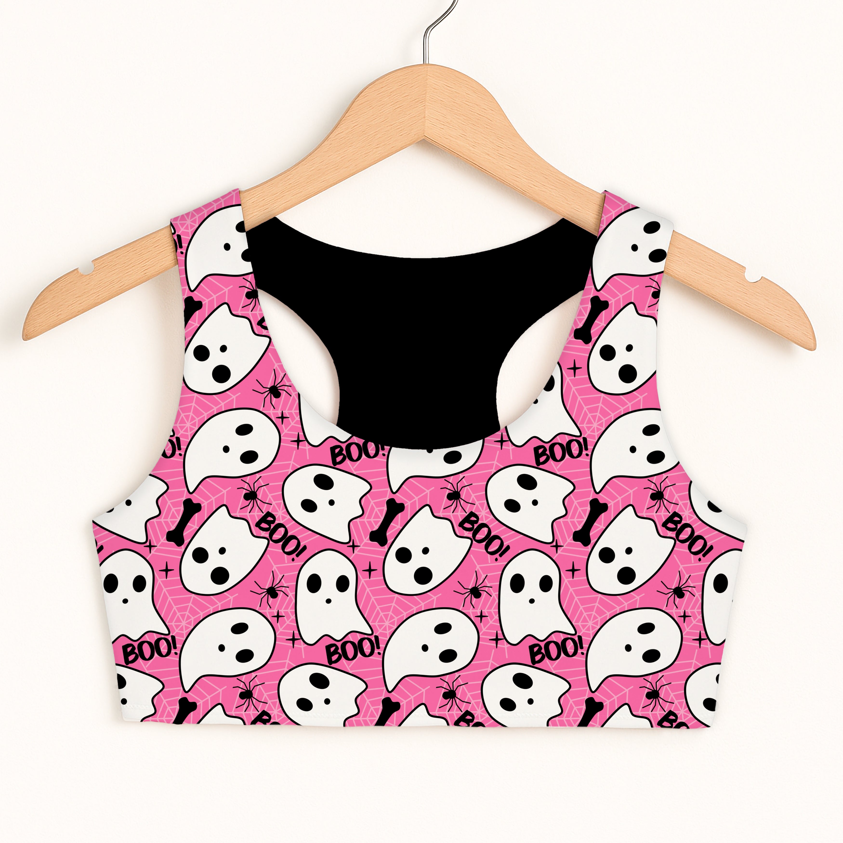 Girls Pink Ghost Spider Web Halloween Sports Bra - Quick Drying, Double Layered Comfort