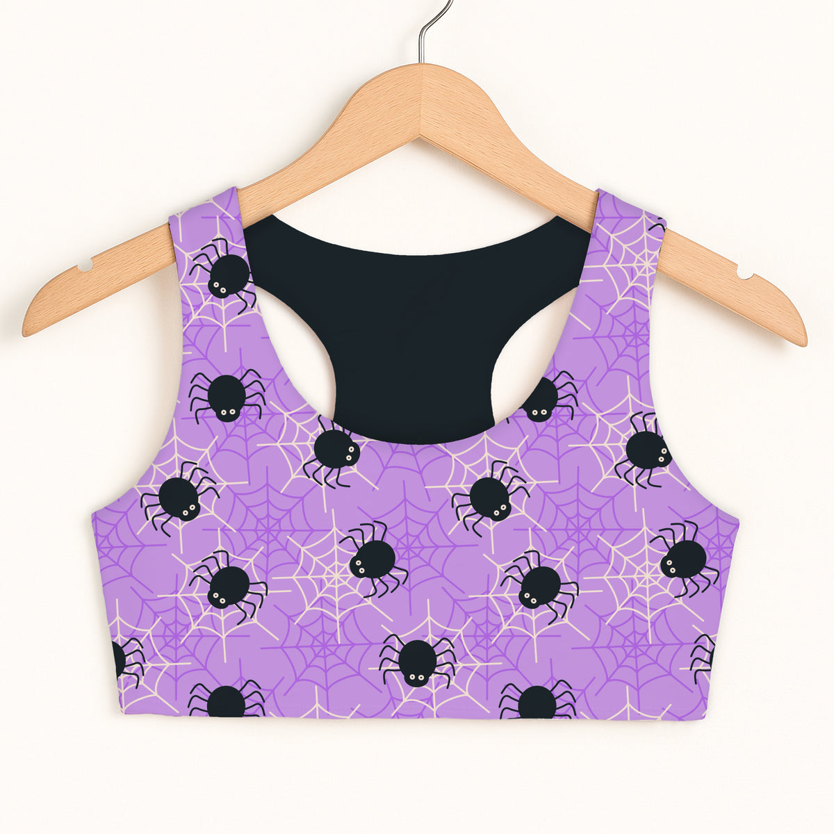 Girls Purple Spider Web Halloween Sports Bra - Quick Drying, Double Layered Comfort