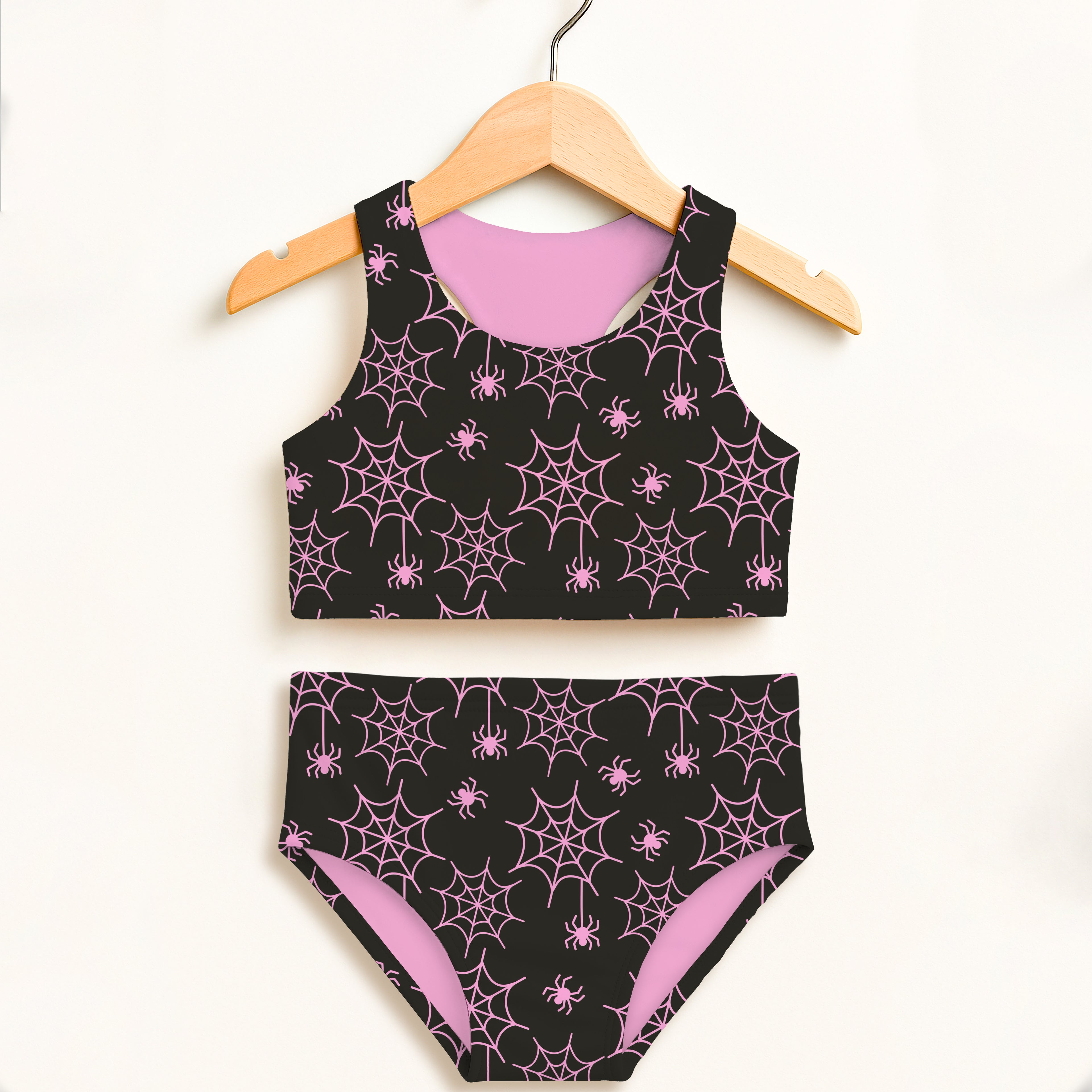 Girls Pink Spider Web Two Piece Swimsuit – Double Layered UPF 50+ High Waisted Comfort