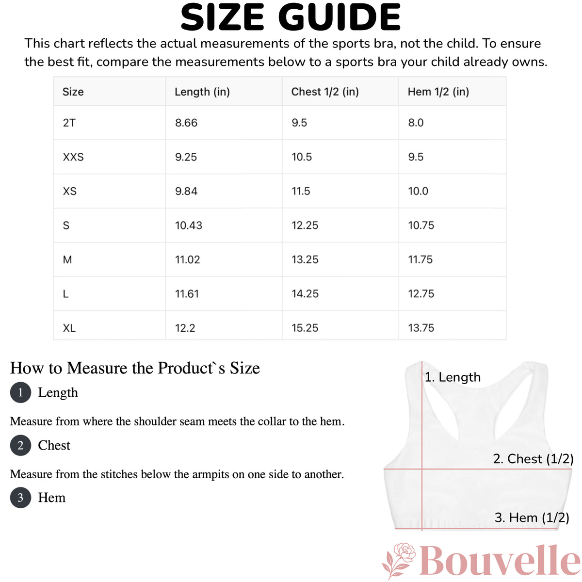 Size guide for Girls Cute Ghost And Bats Pink Halloween Sports Bra - Quick Drying, Double Layered Comfort