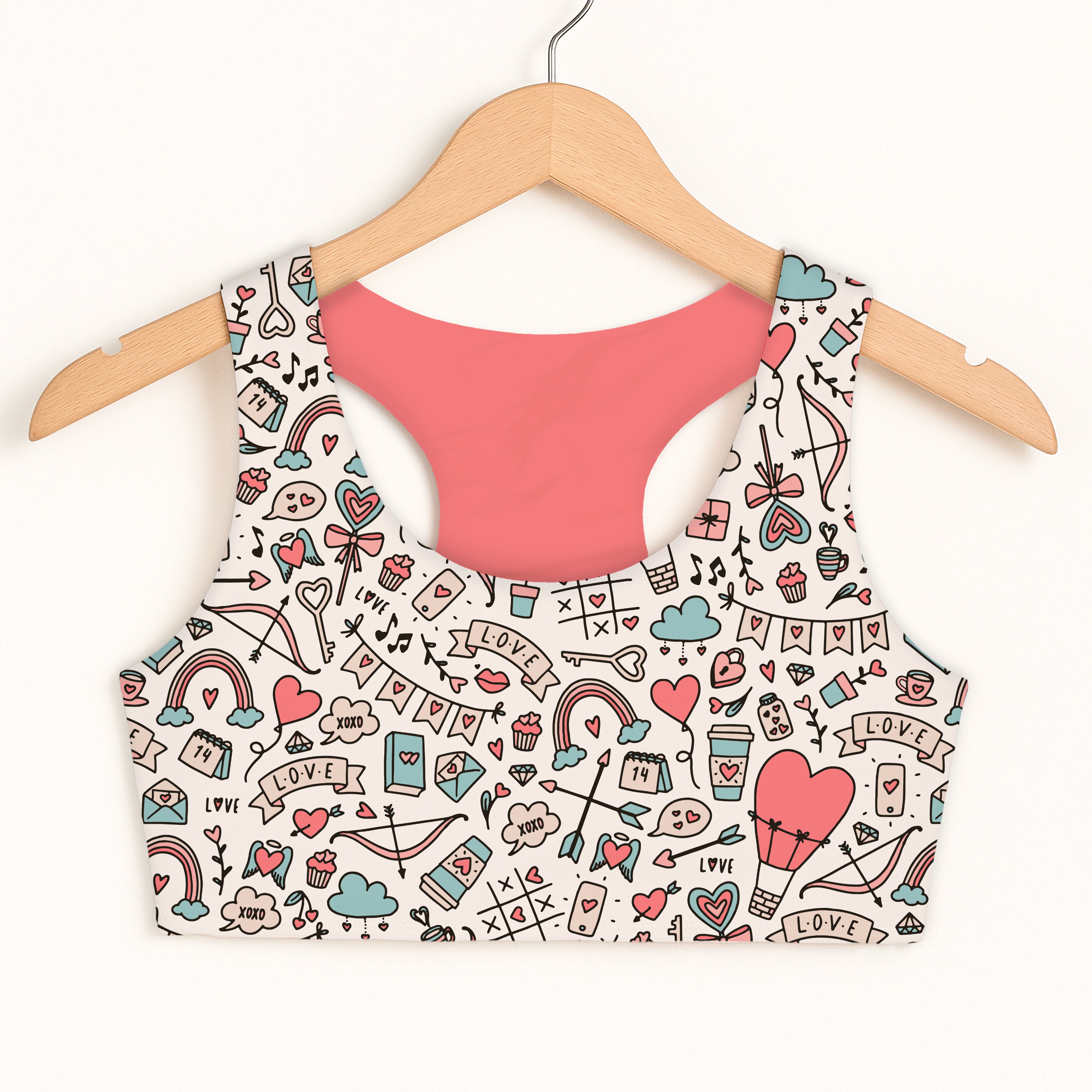 Girls valentine’s day doodle pattern sports bra white with pink interior quick drying double layered comfort