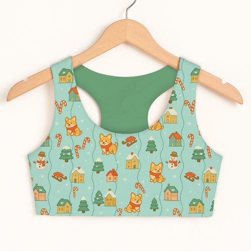 Girls Christmas Shiba Inu sports bra in festive mint green with quick drying fabric and playful orange corgi pattern