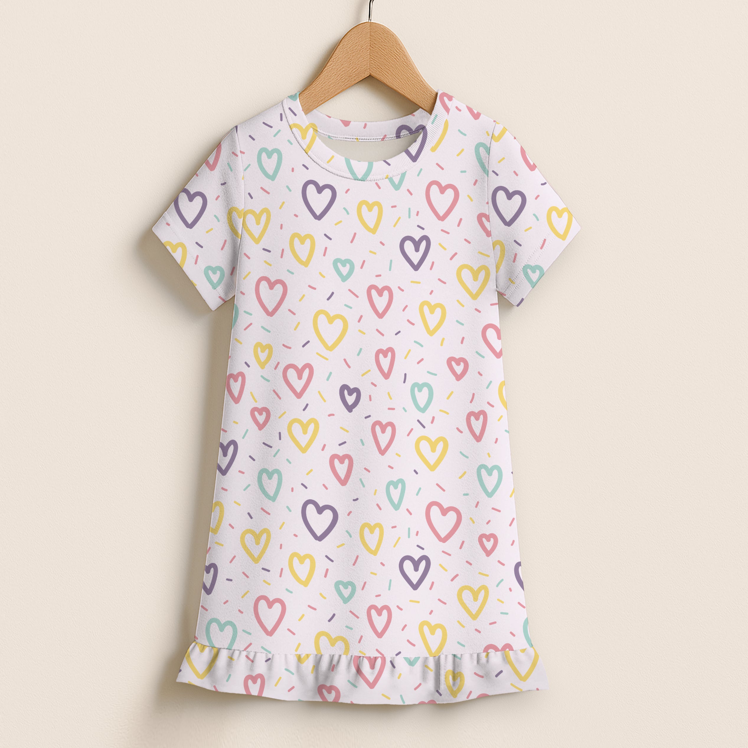Girls Rainbow Hearts & Sprinkles Short Sleeve Ruffle Hem Dress