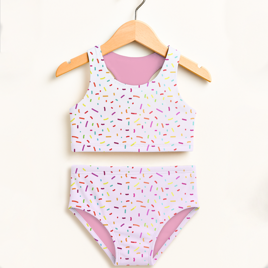 Girls Colorful Sprinkles Two Piece Swimsuit – High Waisted, Double Layered Comfort