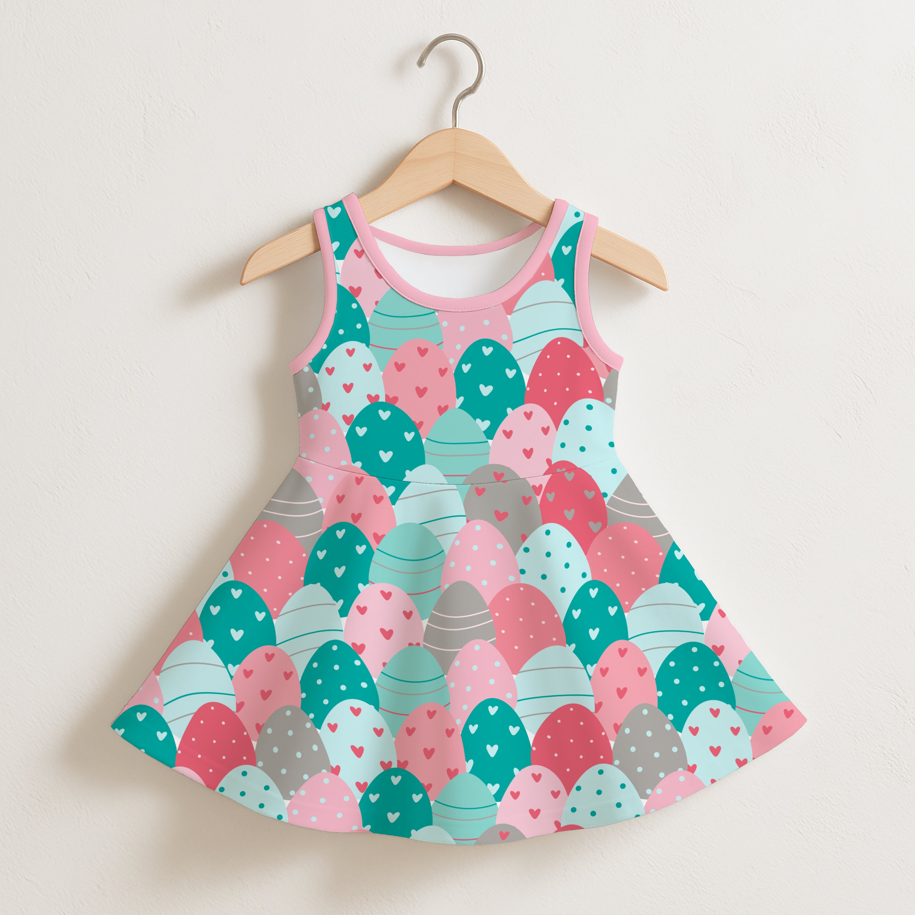 Girls easter egg pattern sleeveless dress with flared skirt and pastel pink teal and gray hearts on soft fabric