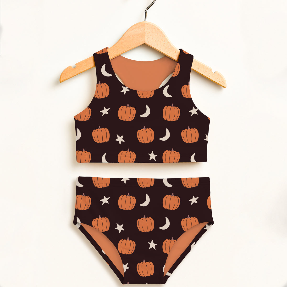 Girls Orange Pumpkin Moon Two Piece Swimsuit – Double Layered UPF 50+ High Waisted Comfort