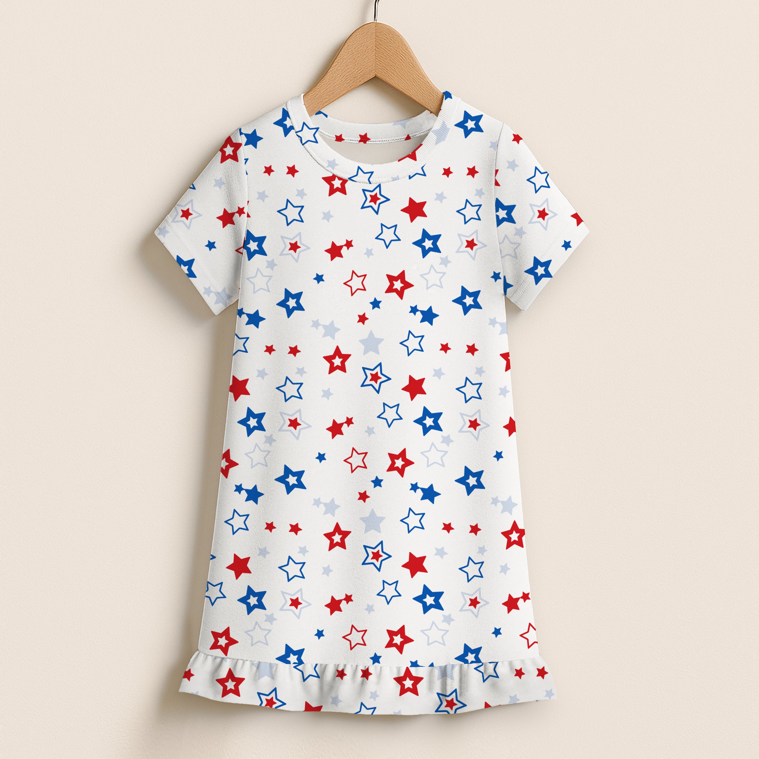 Girls Red, White & Blue Stars USA Short Sleeve Ruffle Hem Dress