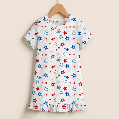 White short-sleeved nightgown with playful red blue and silver star pattern featured in girls usa ruffle hem dress