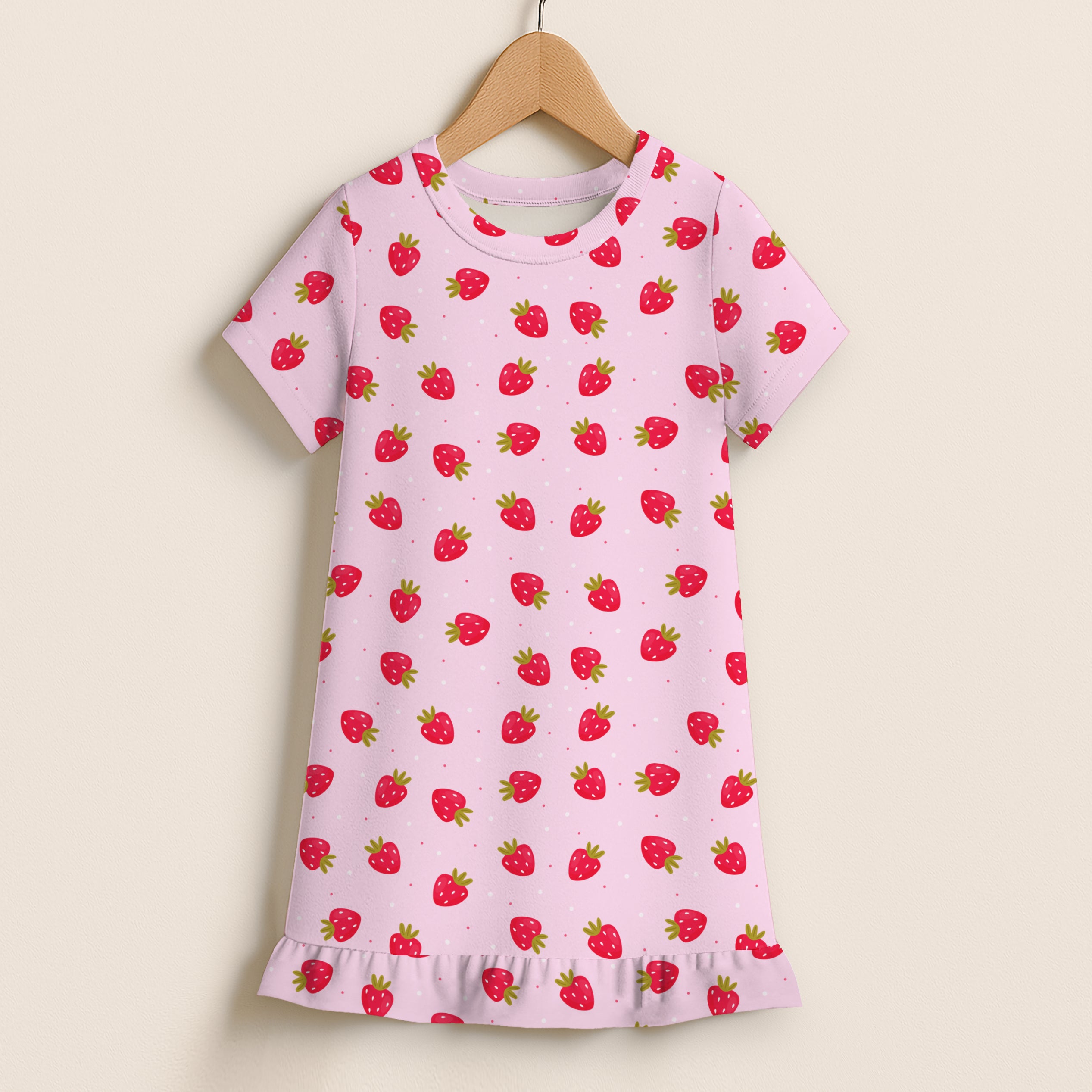 Girls Strawberry Print Short Sleeve Ruffle Hem Dress