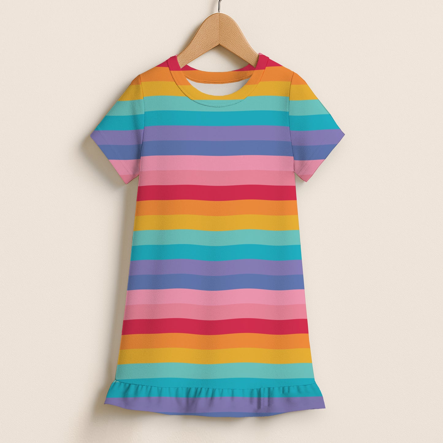 Girls Bright Rainbow Stripes Short Sleeve Ruffle Hem Dress