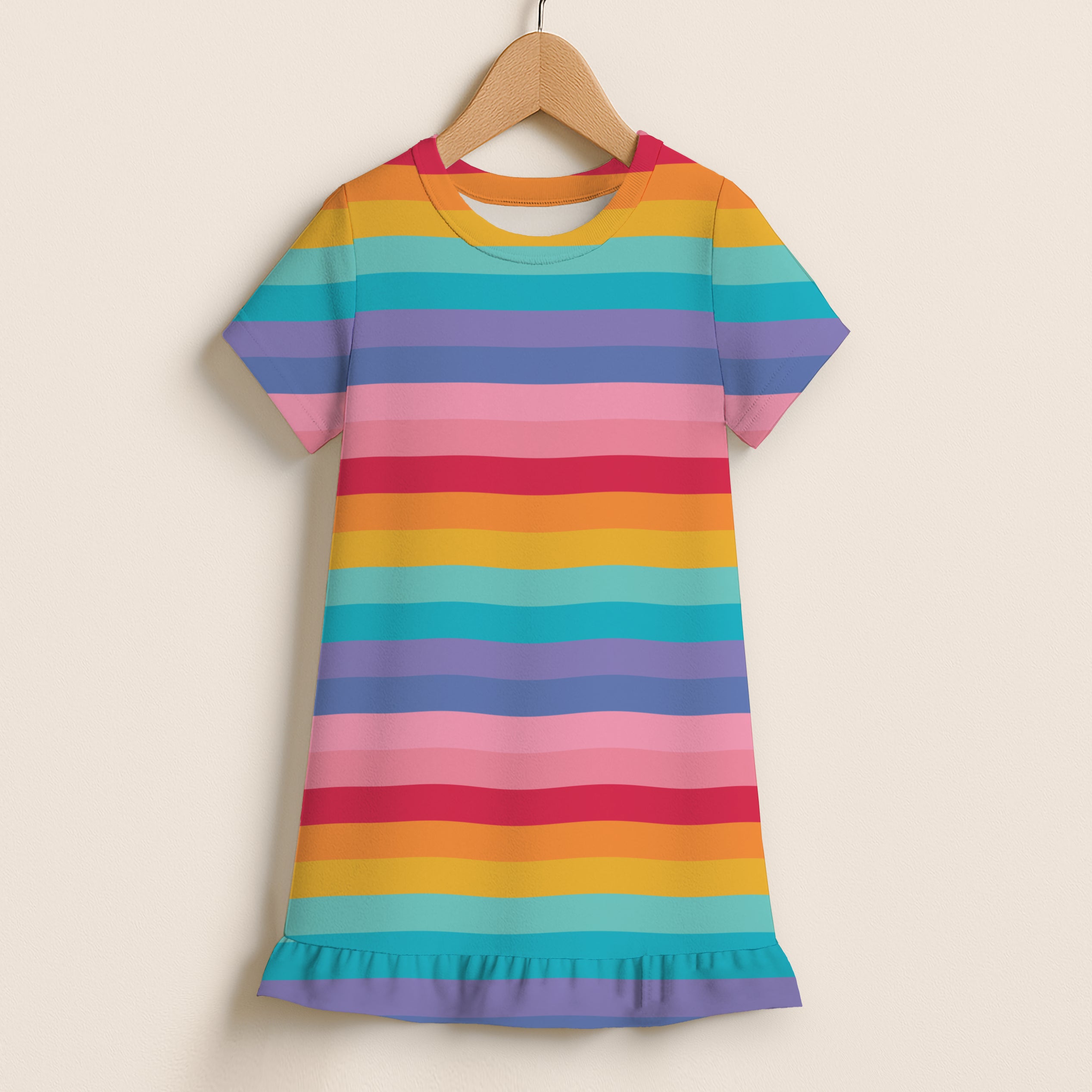 Girls Bright Rainbow Stripes Short Sleeve Ruffle Hem Dress