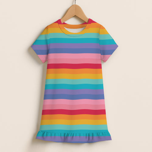 Girls Bright Rainbow Stripes Short Sleeve Ruffle Hem Dress