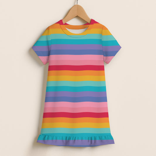 Girls Bright Rainbow Stripes Short Sleeve Ruffle Hem Dress