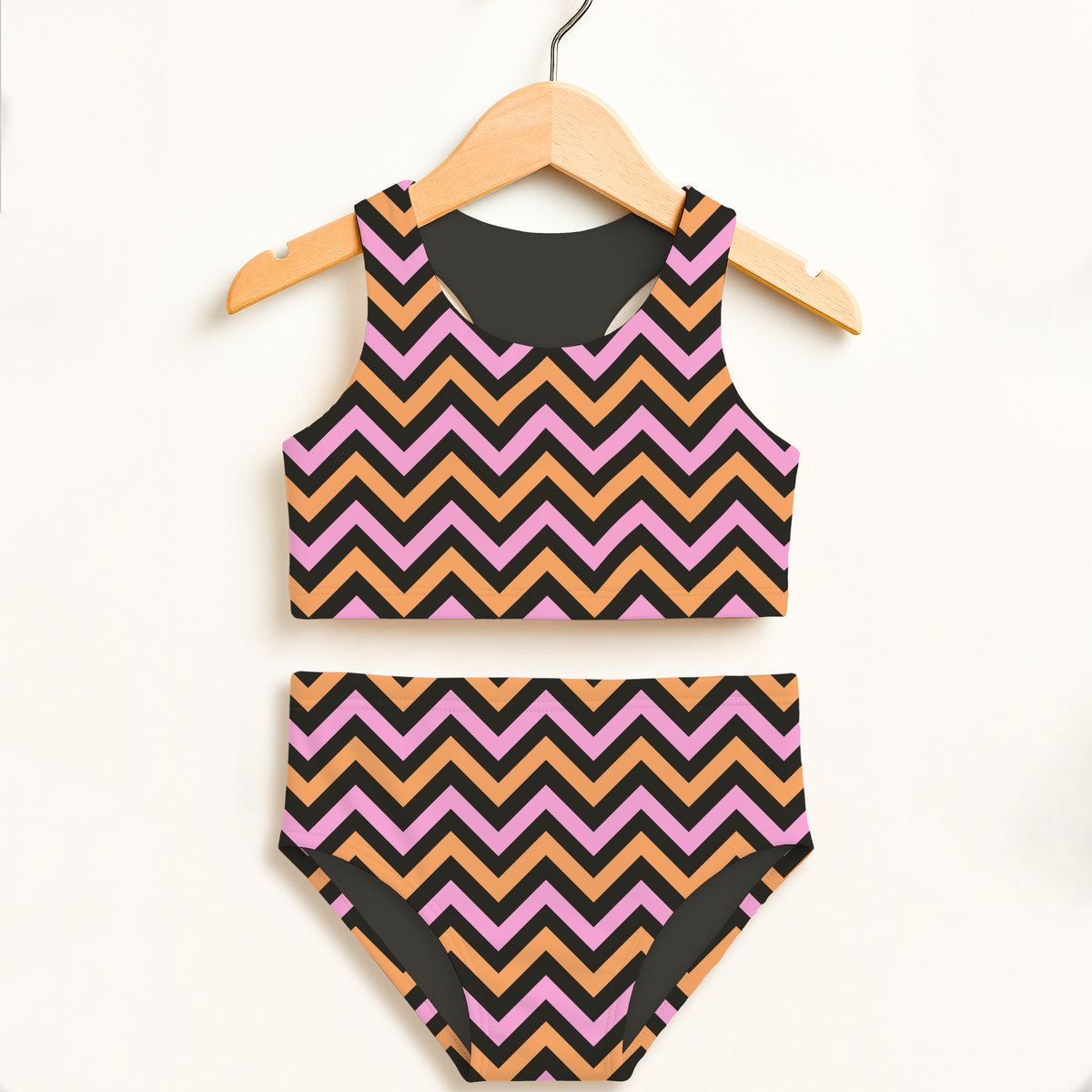Girls Pink Orange Halloween Chevron Two Piece Swimsuit – Double Layered UPF 50+ High Waisted Comfort