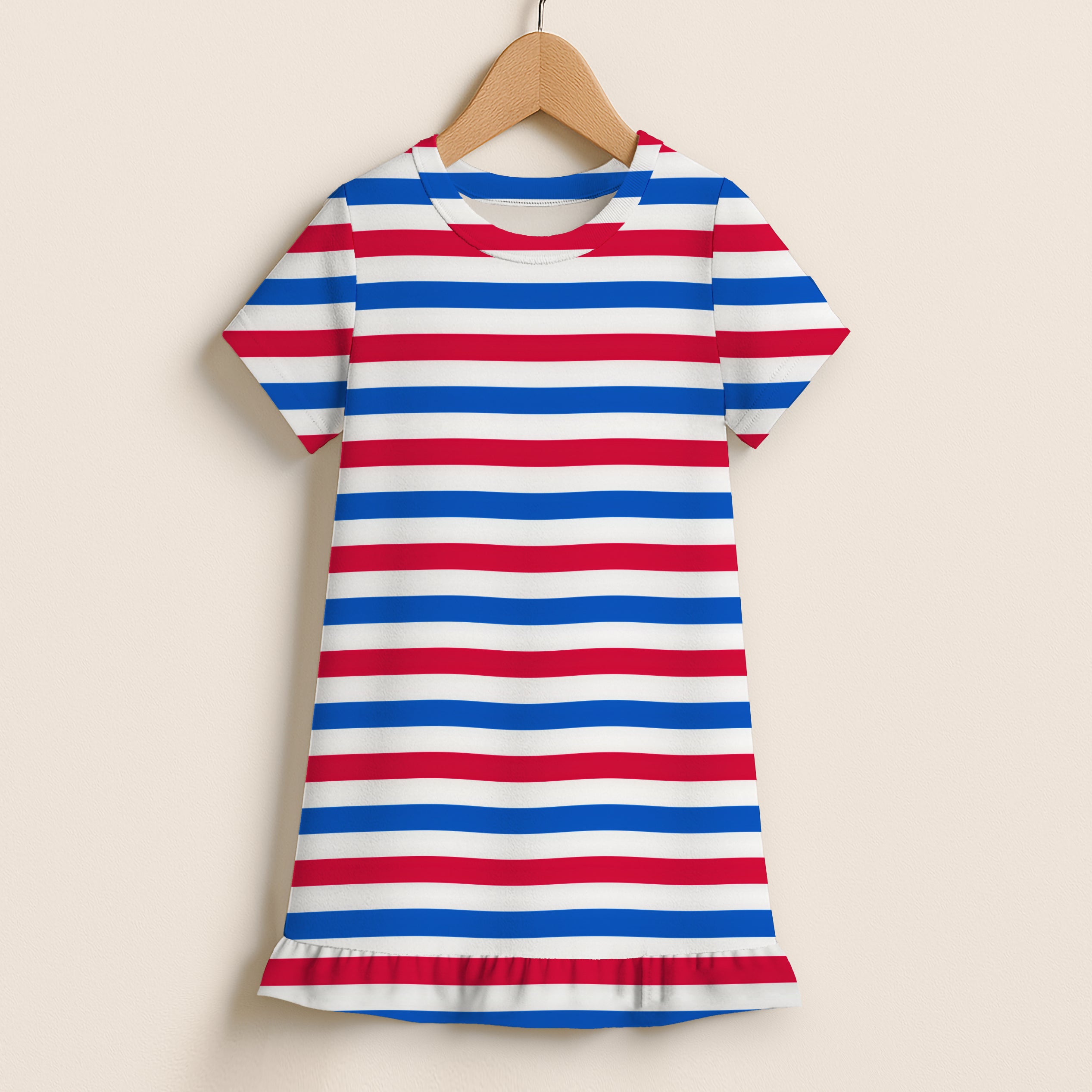 Girls Red, White & Blue Striped Short Sleeve Ruffle Hem Dress
