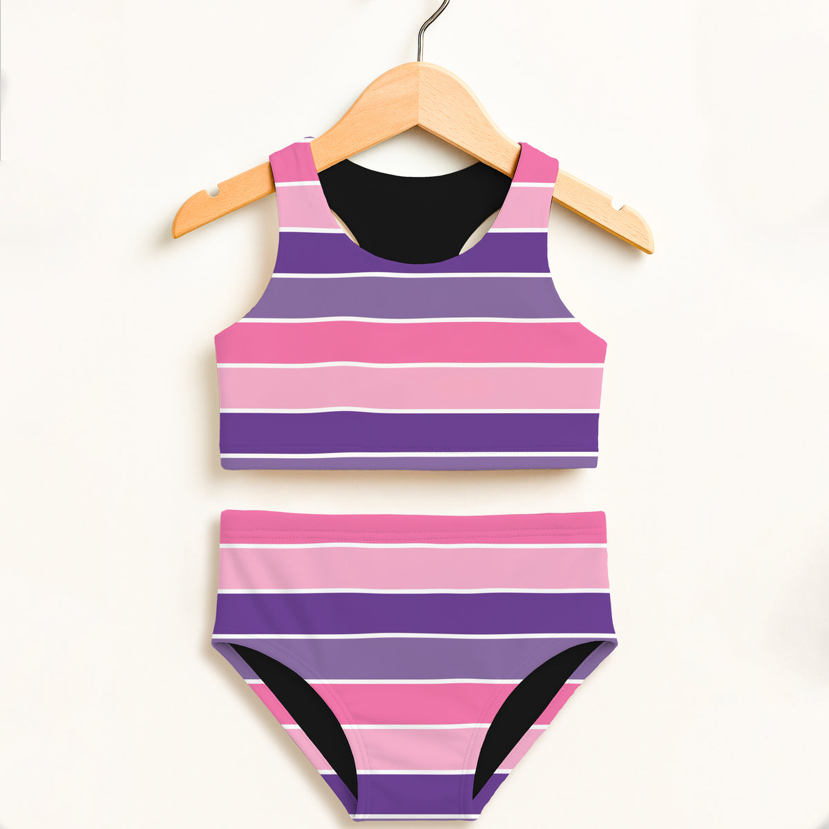 Girls Pink & Purple Striped Two Piece Swimsuit – Double Layered UPF 50+ High Waisted Comfort