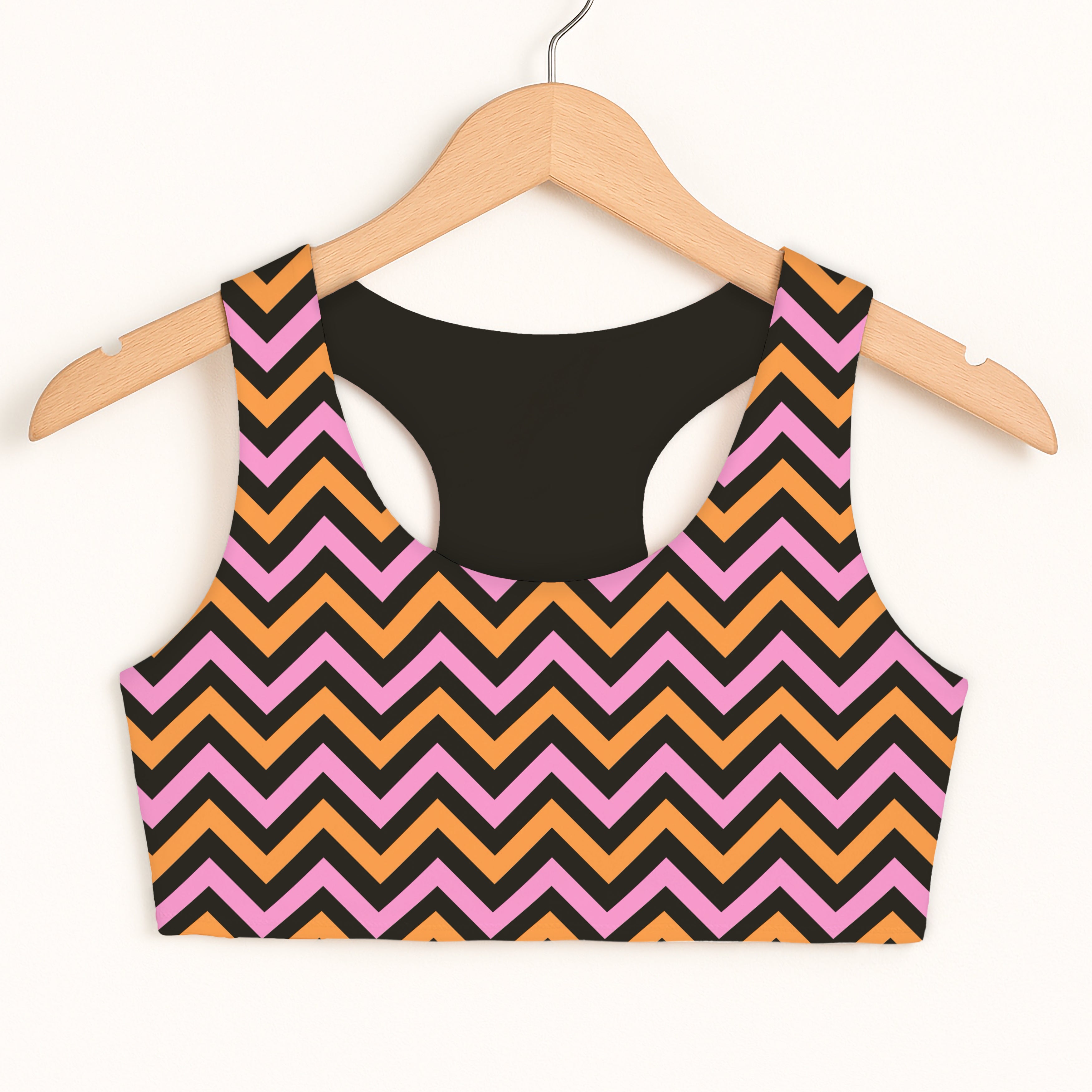 Girls Pink & Orange Halloween Chevron Sports Bra - Quick Drying, Double Layered Comfort