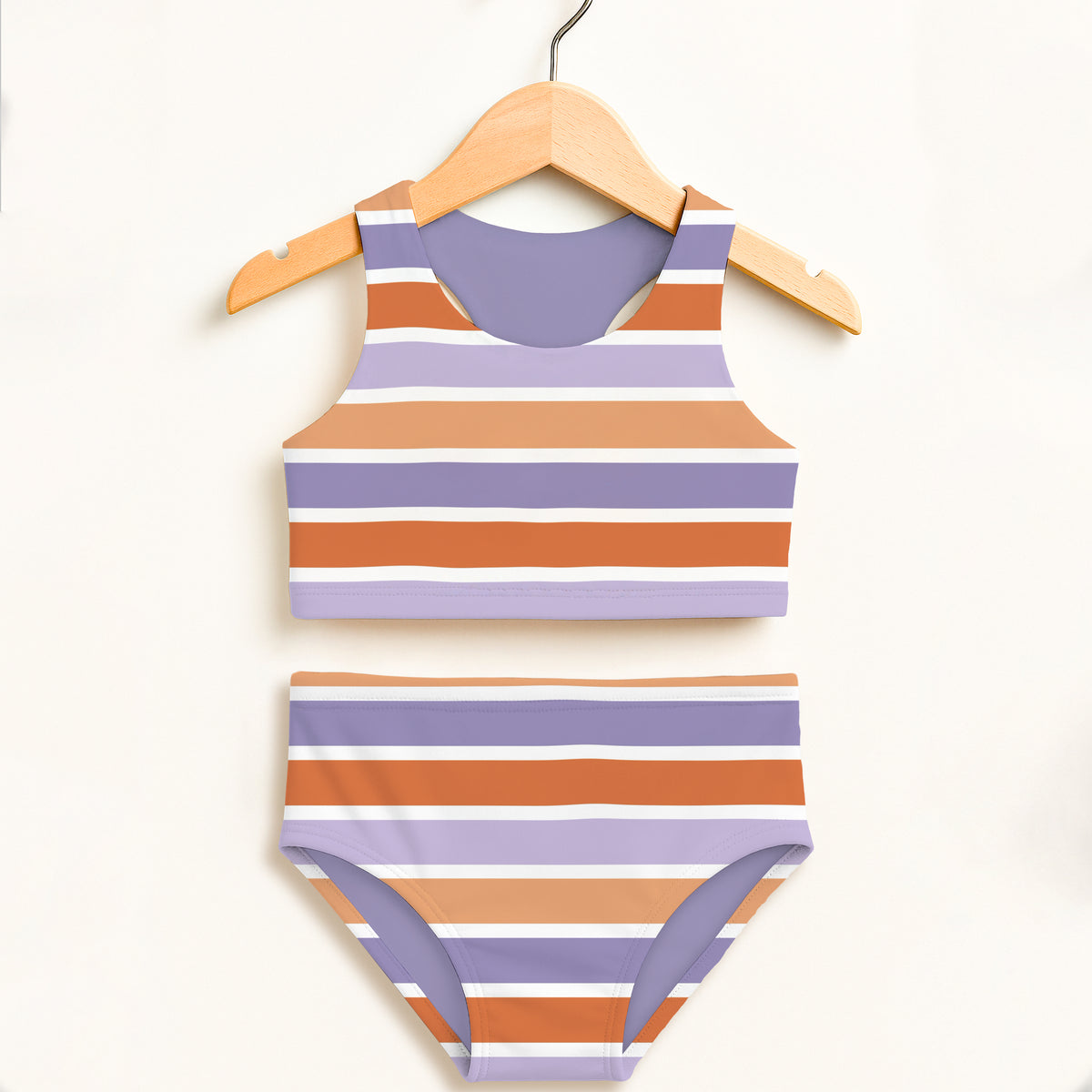 Girls Orange Purple Stripe Halloween Two Piece Swimsuit – Double Layered UPF 50+ High Waisted Comfort