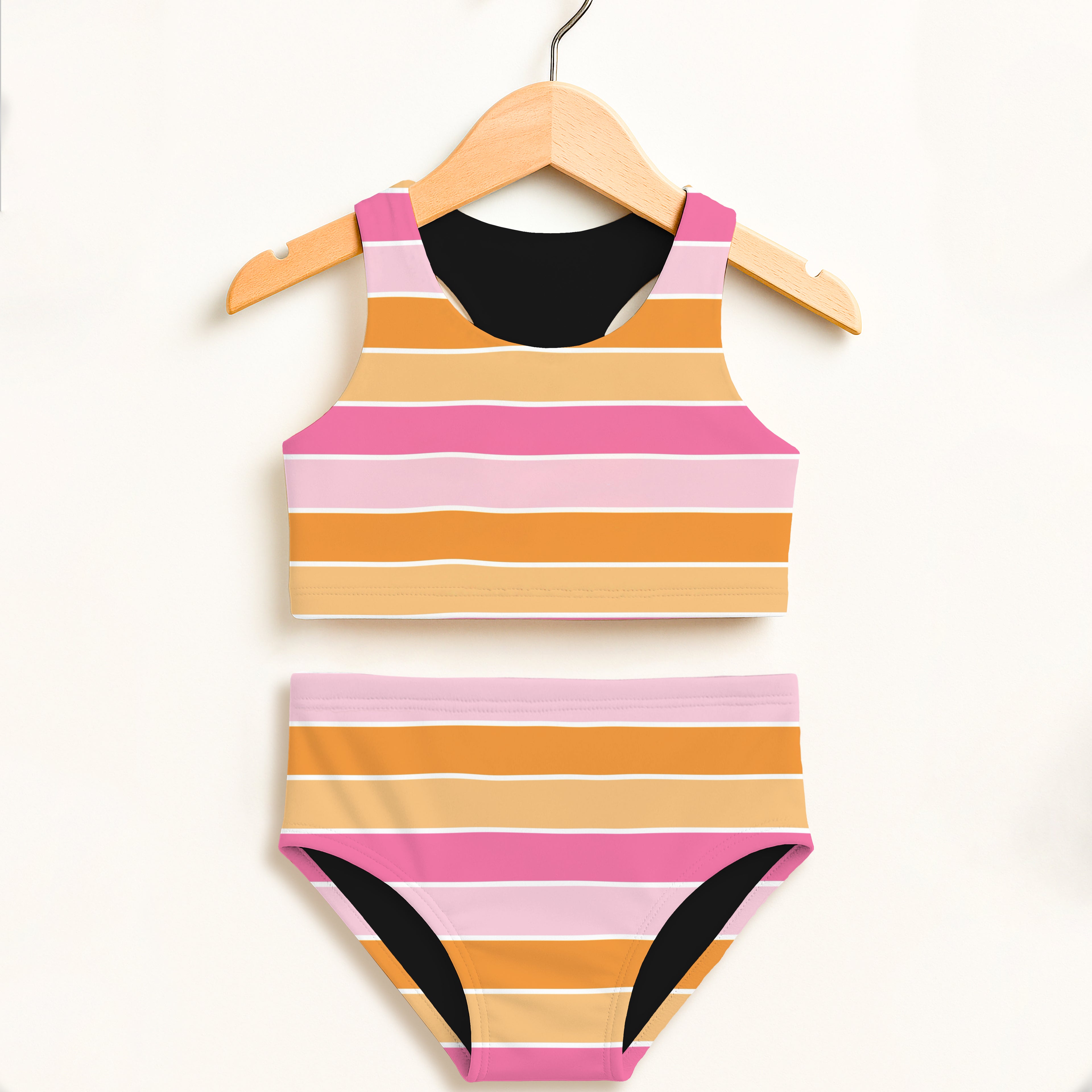Girls Pink & Orange Striped Halloween Two Piece Swimsuit – Double Layered UPF 50+ High Waisted Comfort
