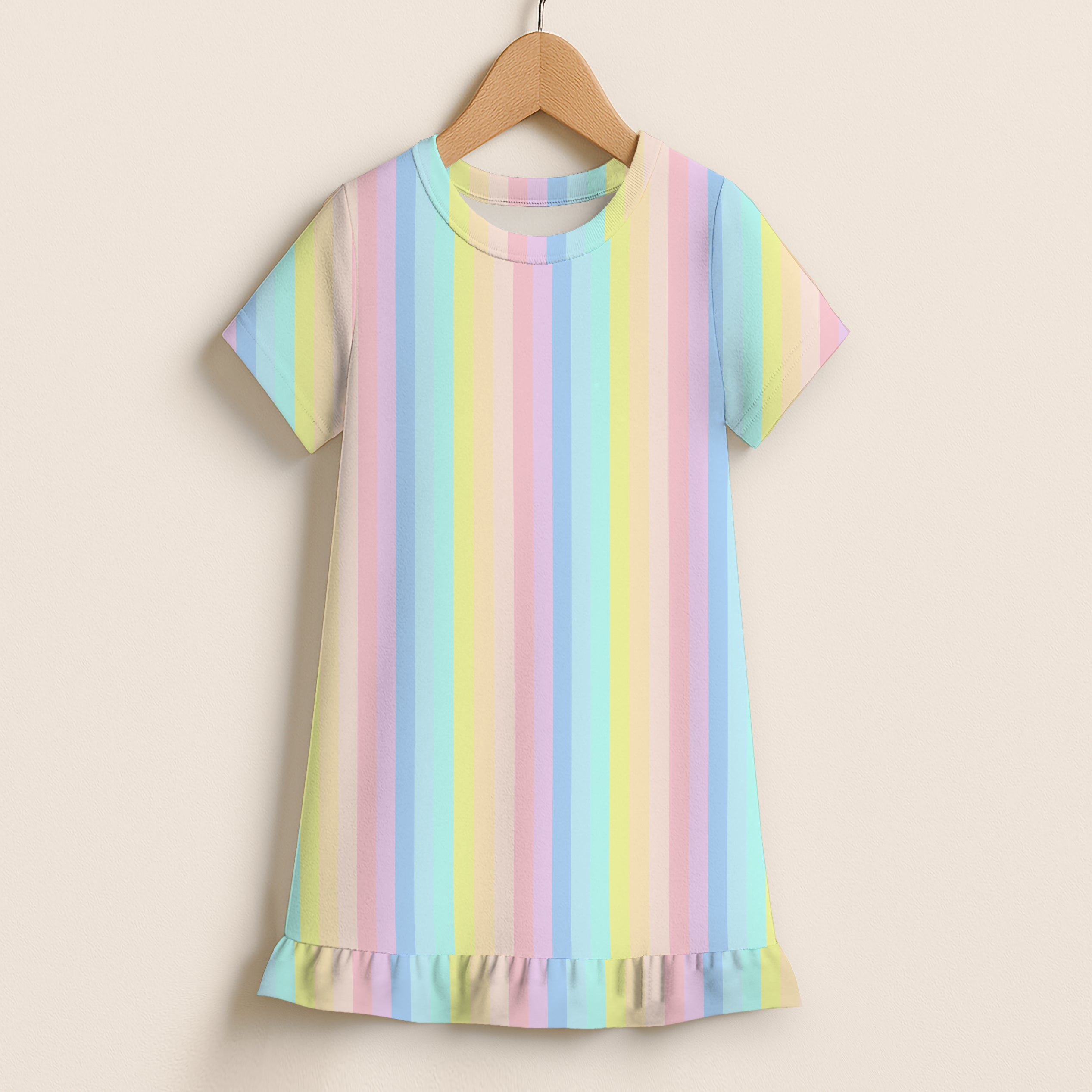 Girls pastel rainbow stripe short sleeve nightgown with cotton fabric and ruffled hem for comfortable sleepwear