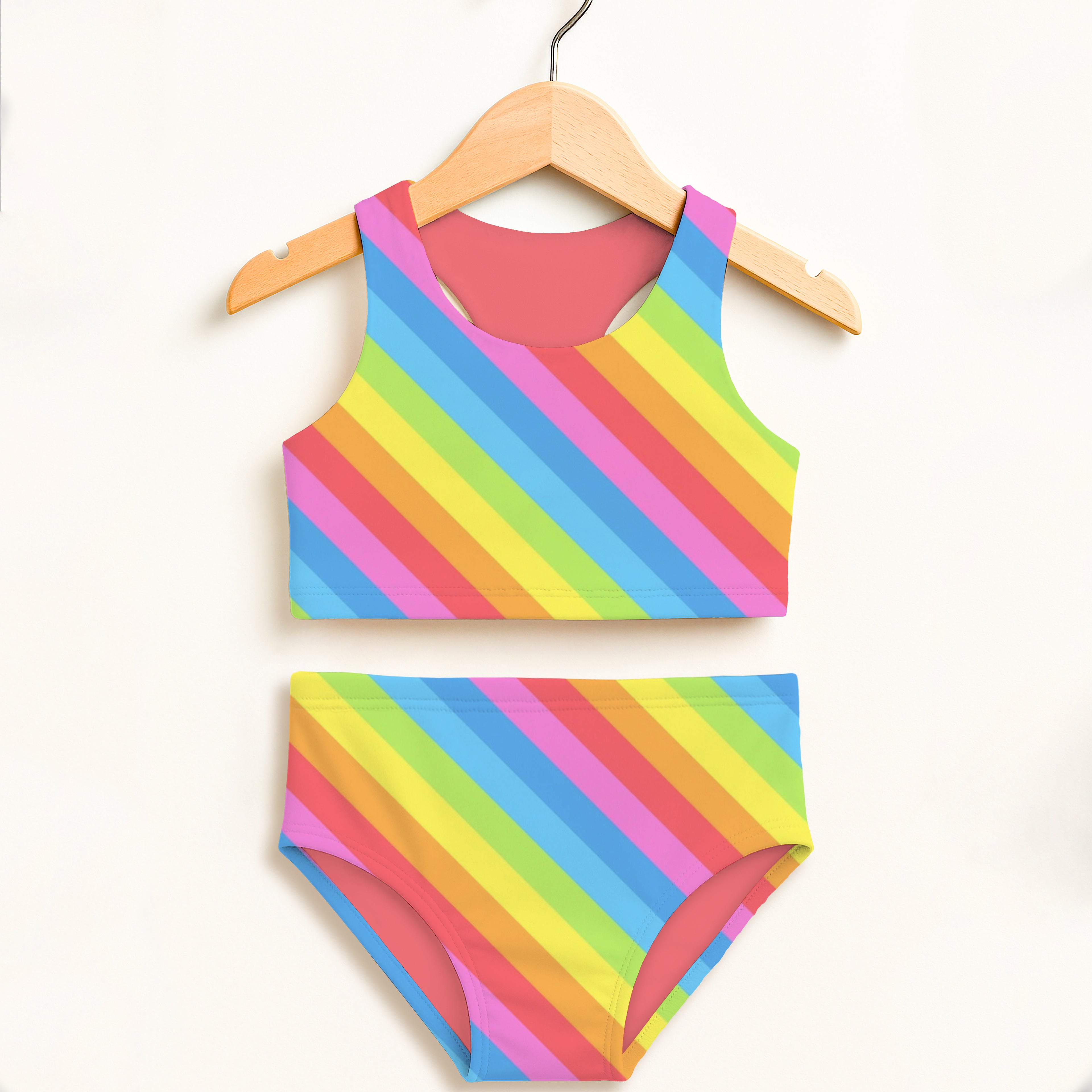 Girls rainbow stripe two piece swimsuit with vibrant diagonal pattern pink lining and double layered upf 50+ fabric