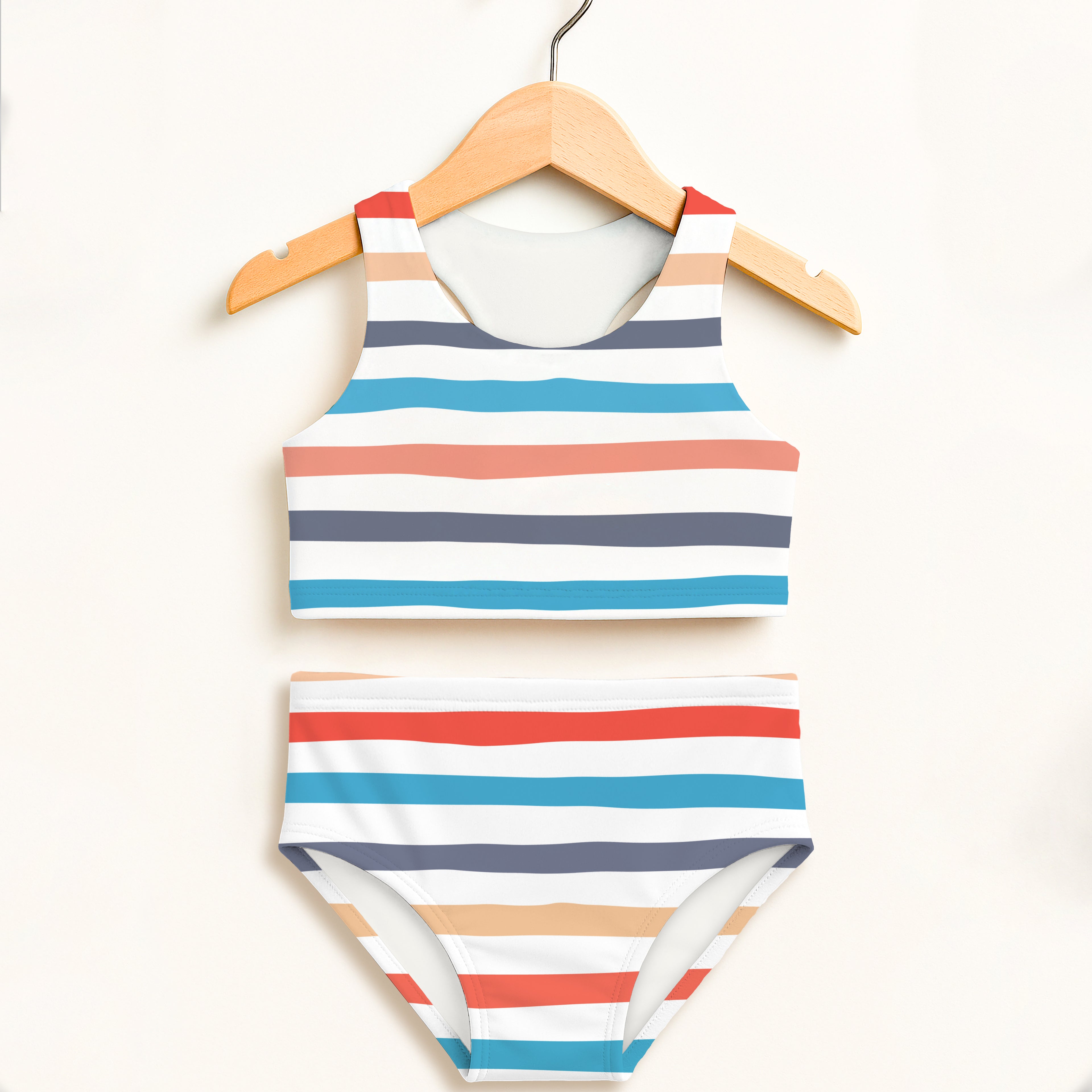Girls retro stripe two piece swimsuit with tank top and high waisted bottoms in white coral teal navy and beige